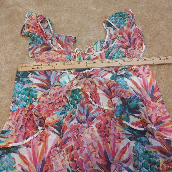 J. Crew Size 2 Floral Frilly Blouse Vibrant Pineapple Floral Pink Green White - Picture 3 of 7